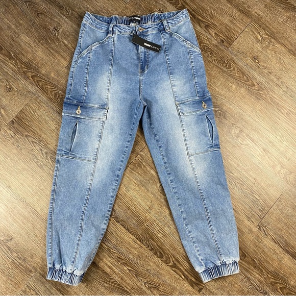 Fashion Nova Denim - Fashion Nova Mighty Good Cargo Denim Joggers Jeans Women Size 13 Stretch